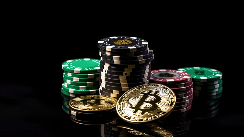 Bitcoin gold coin with poker chips on a green poker table against black background